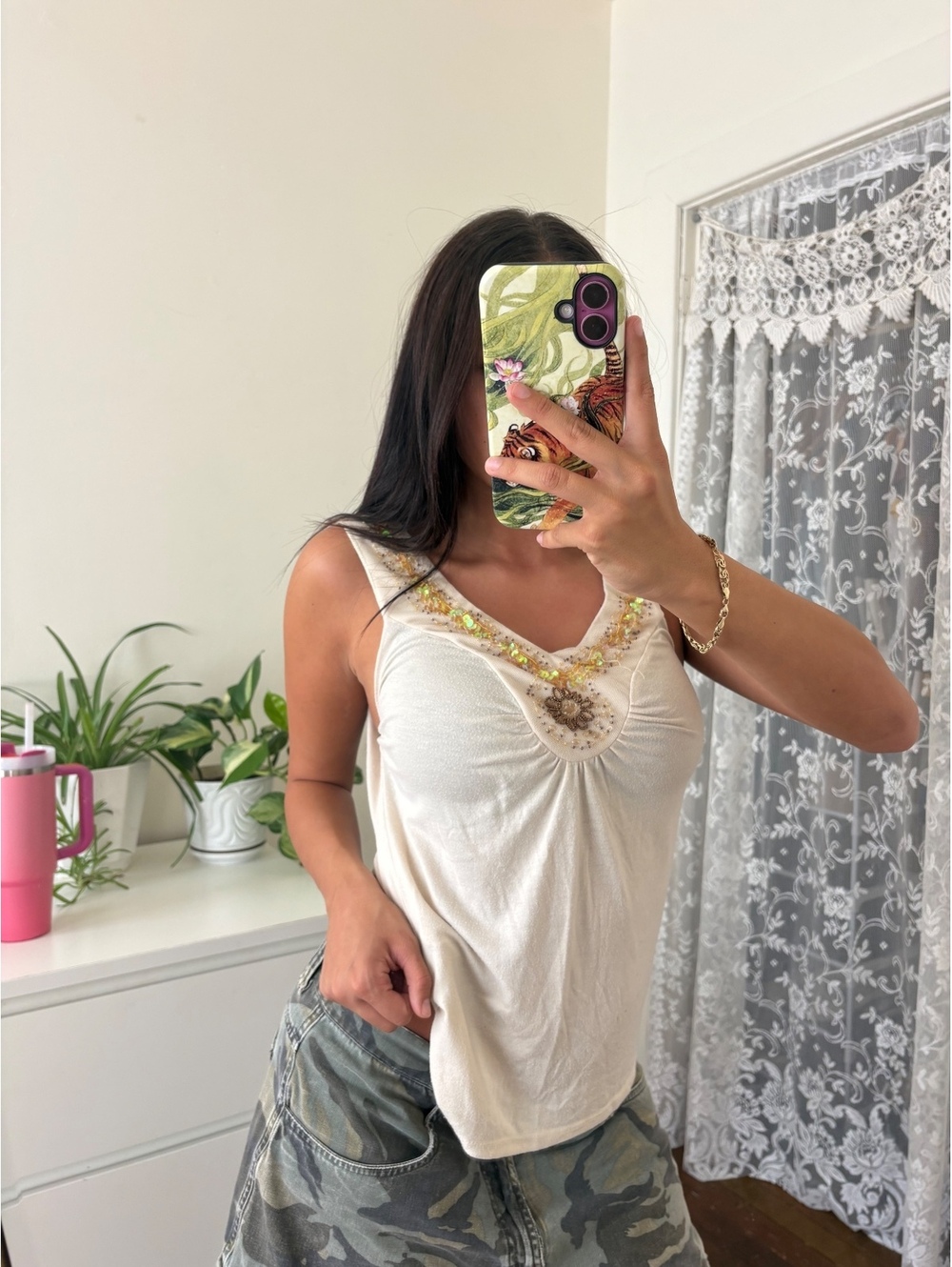 2000s Cream Sleeveless V-Neck Tank Top with Beaded and Sequin Embellishments,